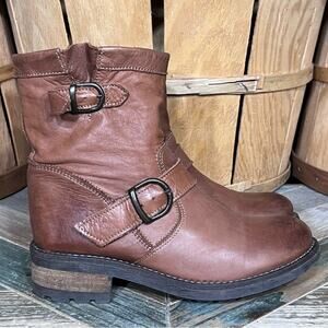 Aldo Tan Brown Leather Combat Moto Chunky Heel Zip Up Ankle Boots Women Size 6.5